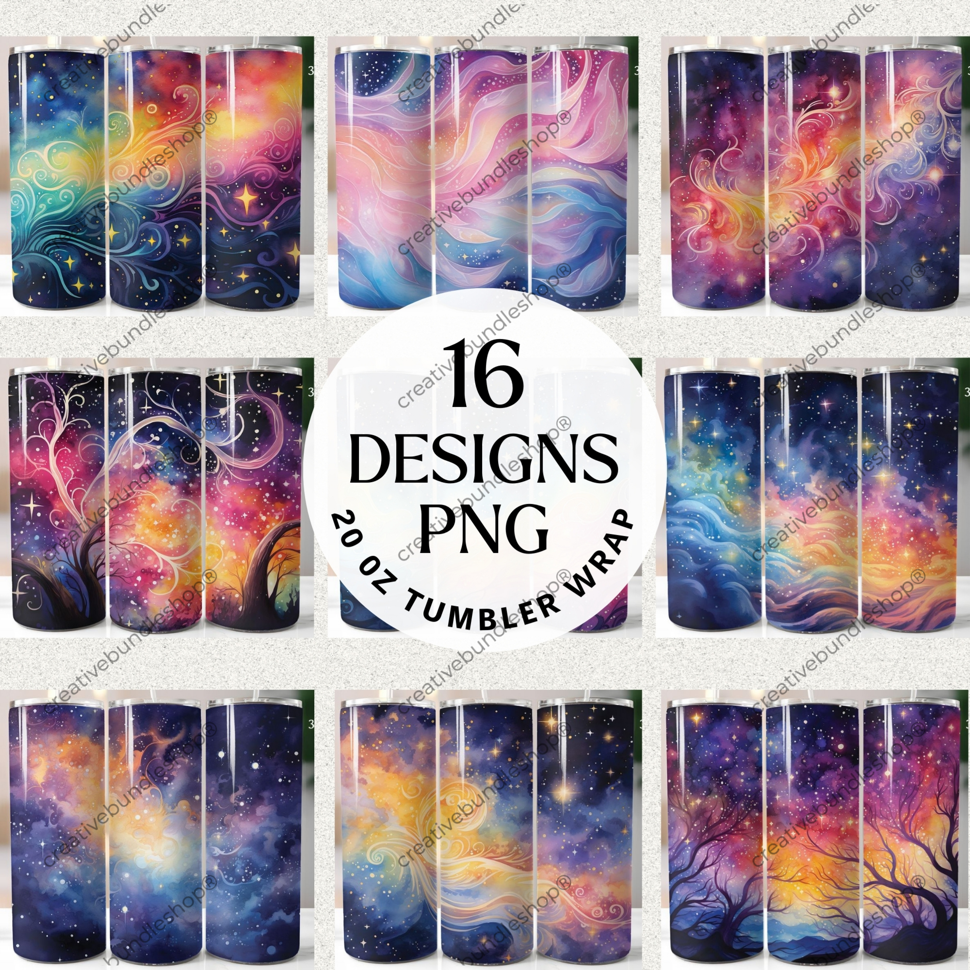 Watercolor Galaxy Tumbler Wrap Bundle - 16 Designs PNG 20 oz