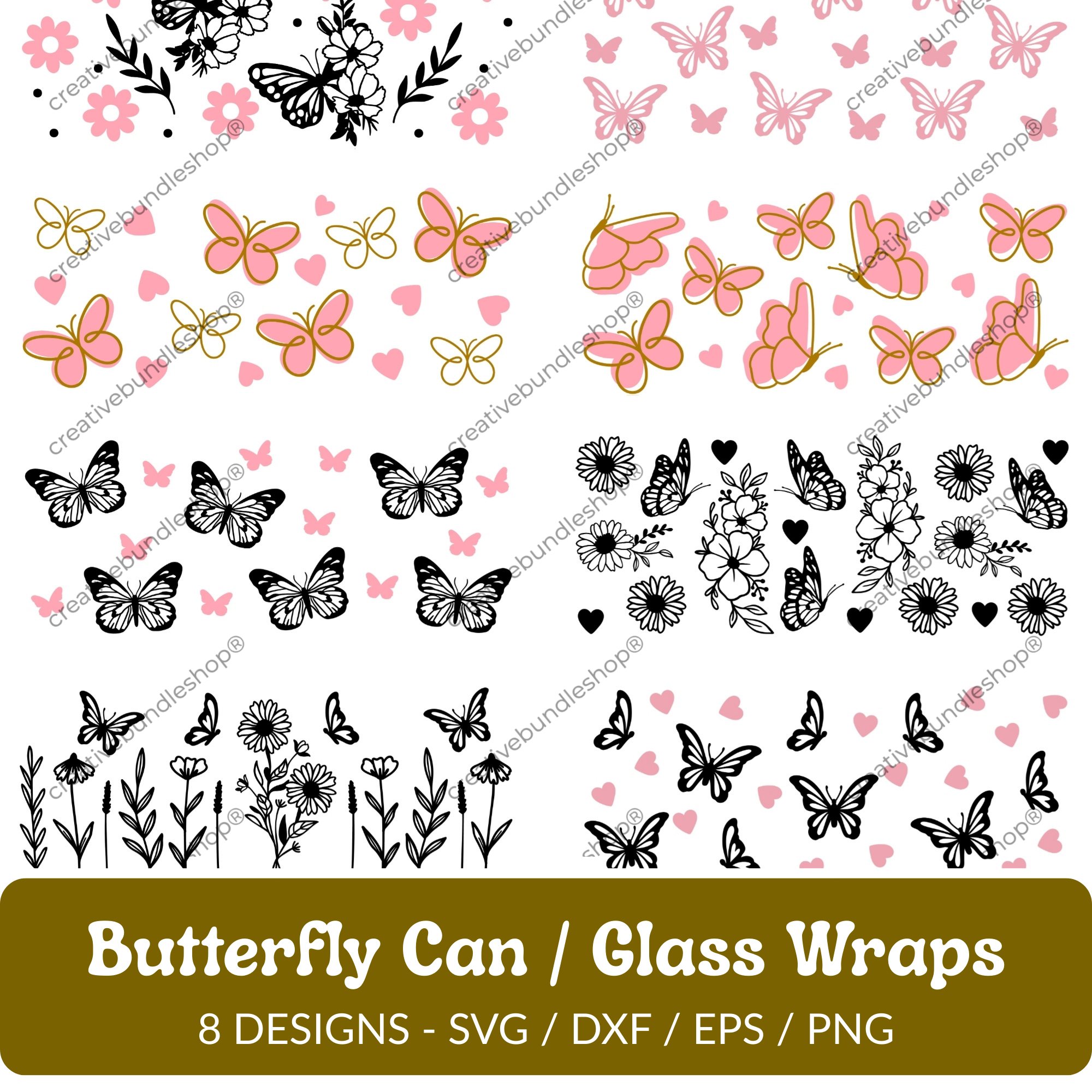 Butterfly Can/Glass Wraps SVG Bundle - 8 Designs